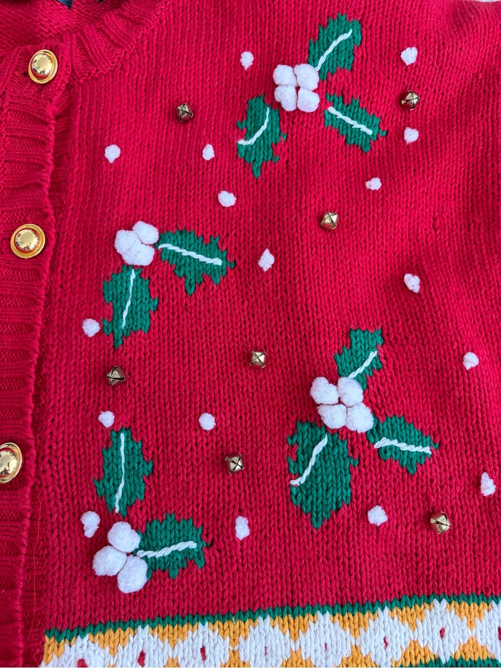 Vintage Ugly Christmas Holiday Knit Cardigan Sweater with Festive Embellishments - Picture 2 of 13